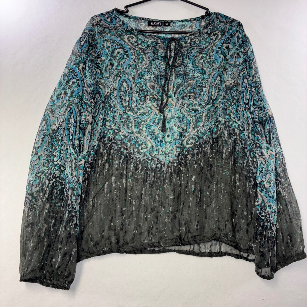 556 Boho a.n.a Petite Blouse PXL Teal Paisley Tie Neck Tassel Sheer Top